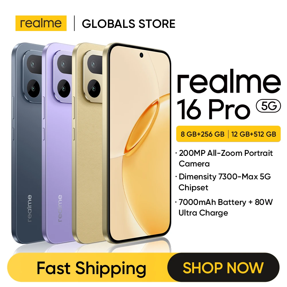 realme 16 Pro 5G Smartphone NFC 200MP Camera 7000mAh Battery 80W Charge 6.78" 144Hz 6500nit AMOLED Display IP69 Pro NFC