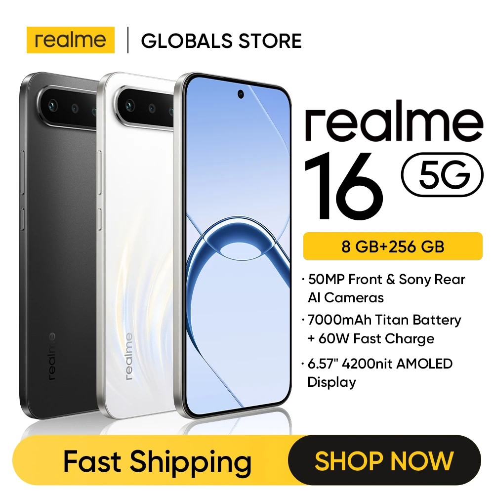 realme 16 5G Smartphone NFC 6.57" 120Hz AMOLED Display Dual 50MP AI Camera 7000mAh Battery 60W Charge IP69 Pro