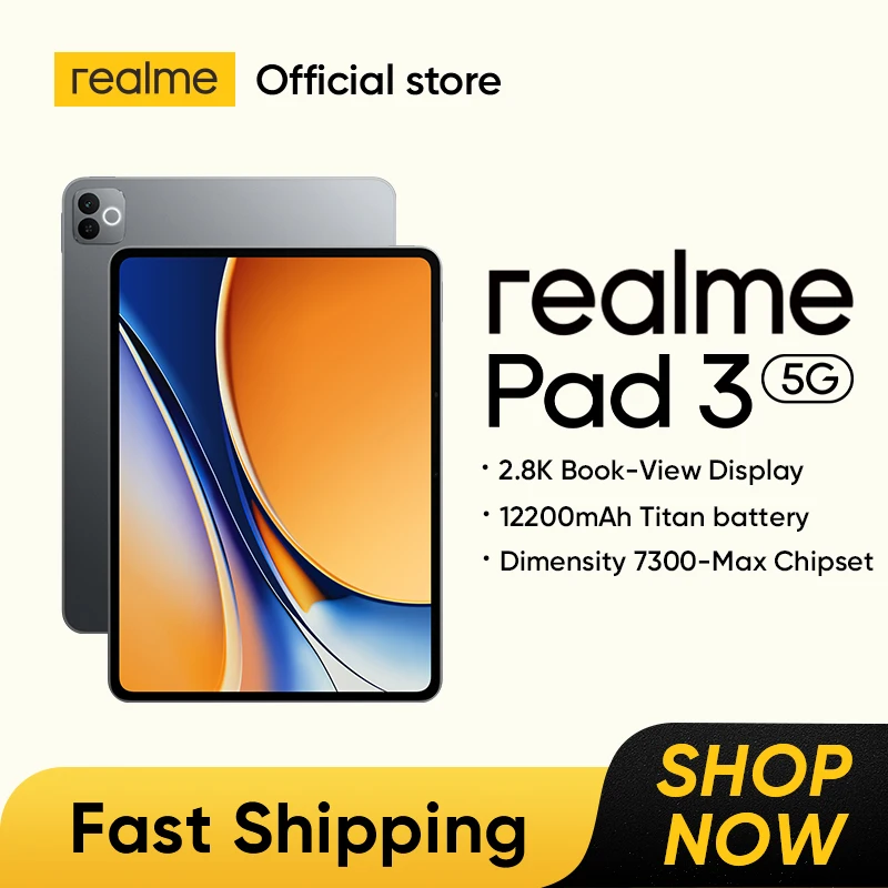 New Tablet realme Pad 3 5G 256GB 11.61" 120Hz LCD Display Dimensity 7300-Max Chipset 12200mAh Battery 45W Charge 2.8K Book-View