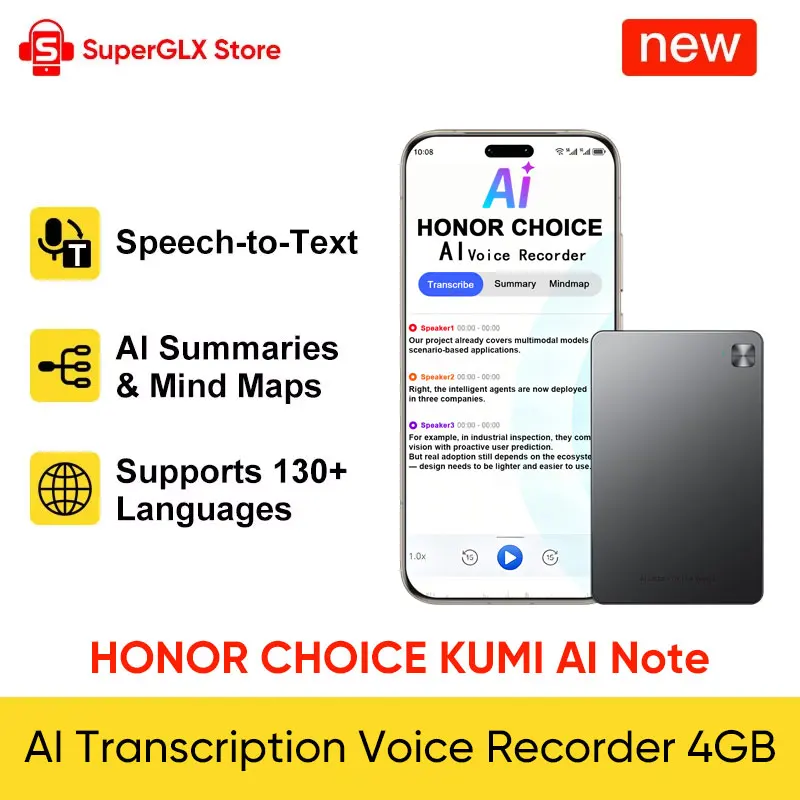 HONOR CHOICE KUMI AI Note 4GB Ultra Thin Voice Recorder AI Translate Transcription Bluetooth 5.3 Dual-band Wi-Fi Portable Card