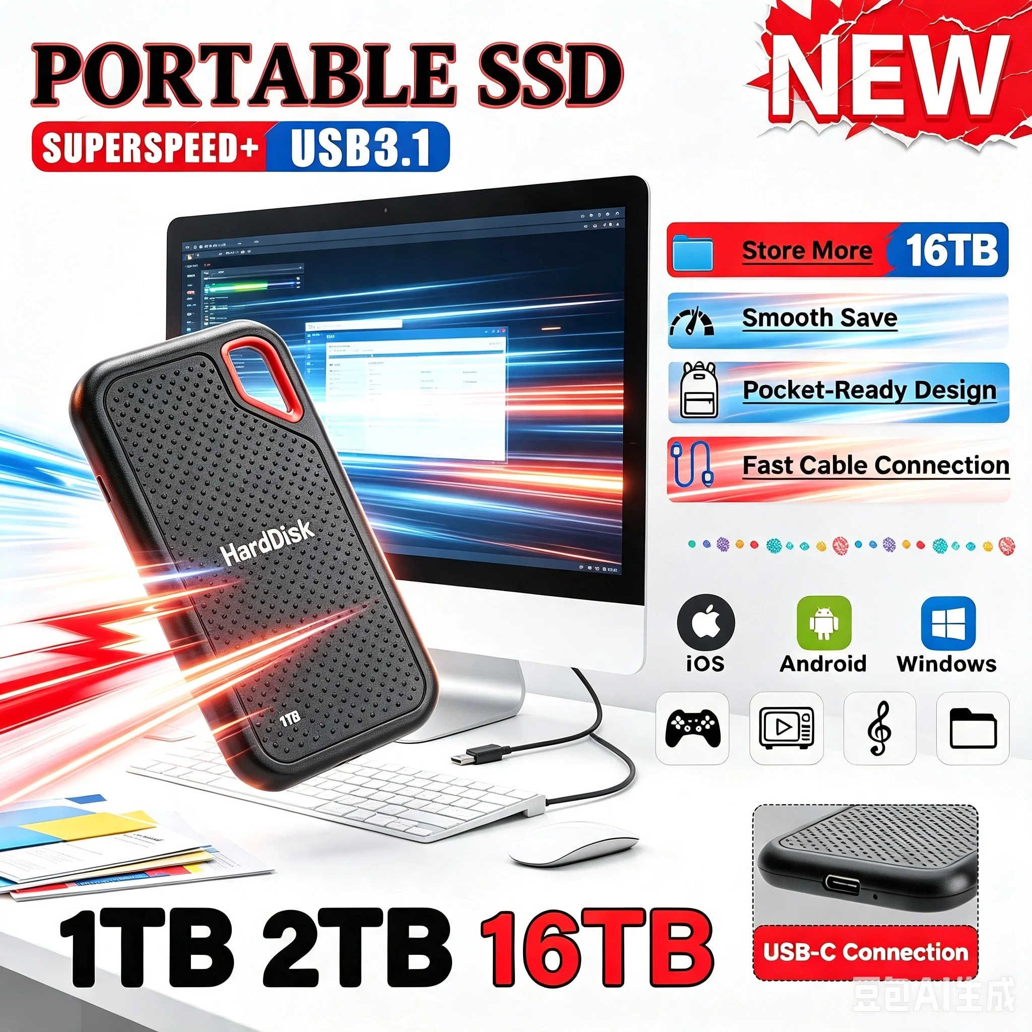 64TB Multi-Device Compatible Portable External SSD Ultra Thin Light USB3.1 Solid Drive for Work Daily Photo Library Backup Sorti