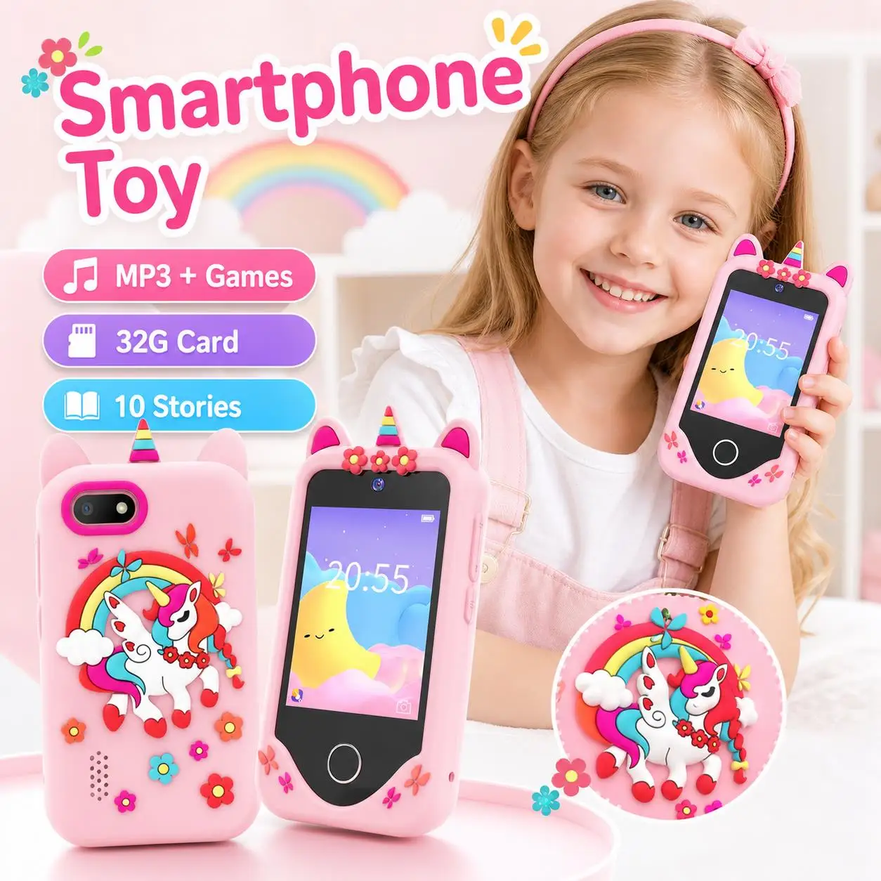 Smart Toy Phone Kids with 32G Card Camera MP3 Player Pretend Phone Children Learning Cell Phone for Girls Boys Birthday Gifts