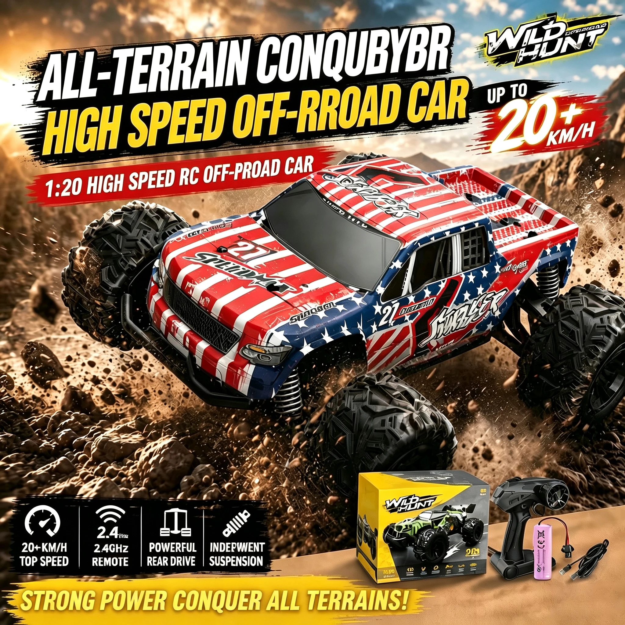1/20 4WD RC Off-Road Drift Car, High-Speed Racing Vehicle with LED Lights, Professional Toy Gift for Kids