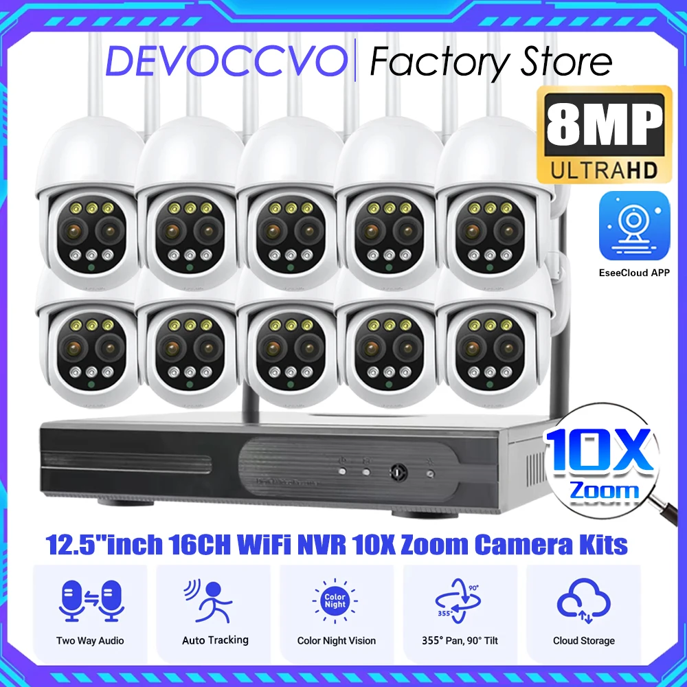 10CH NVR Wireless CCTV System 4K 8MP Color Night Vision Video Surveillance Set WiFi Nvr Kit Cctv Outdoor Ip66 10X Zoom Cameras