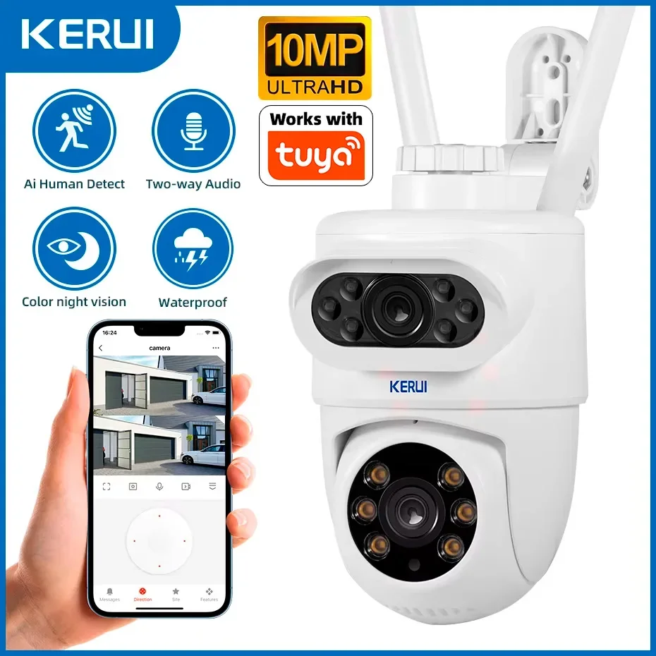 KERUI Outdoor 10MP 5K HD Dual Lens WiFi IP Camera PTZ Wireless Home Security CCTV Video Surveillance Human Detection Use Tuya