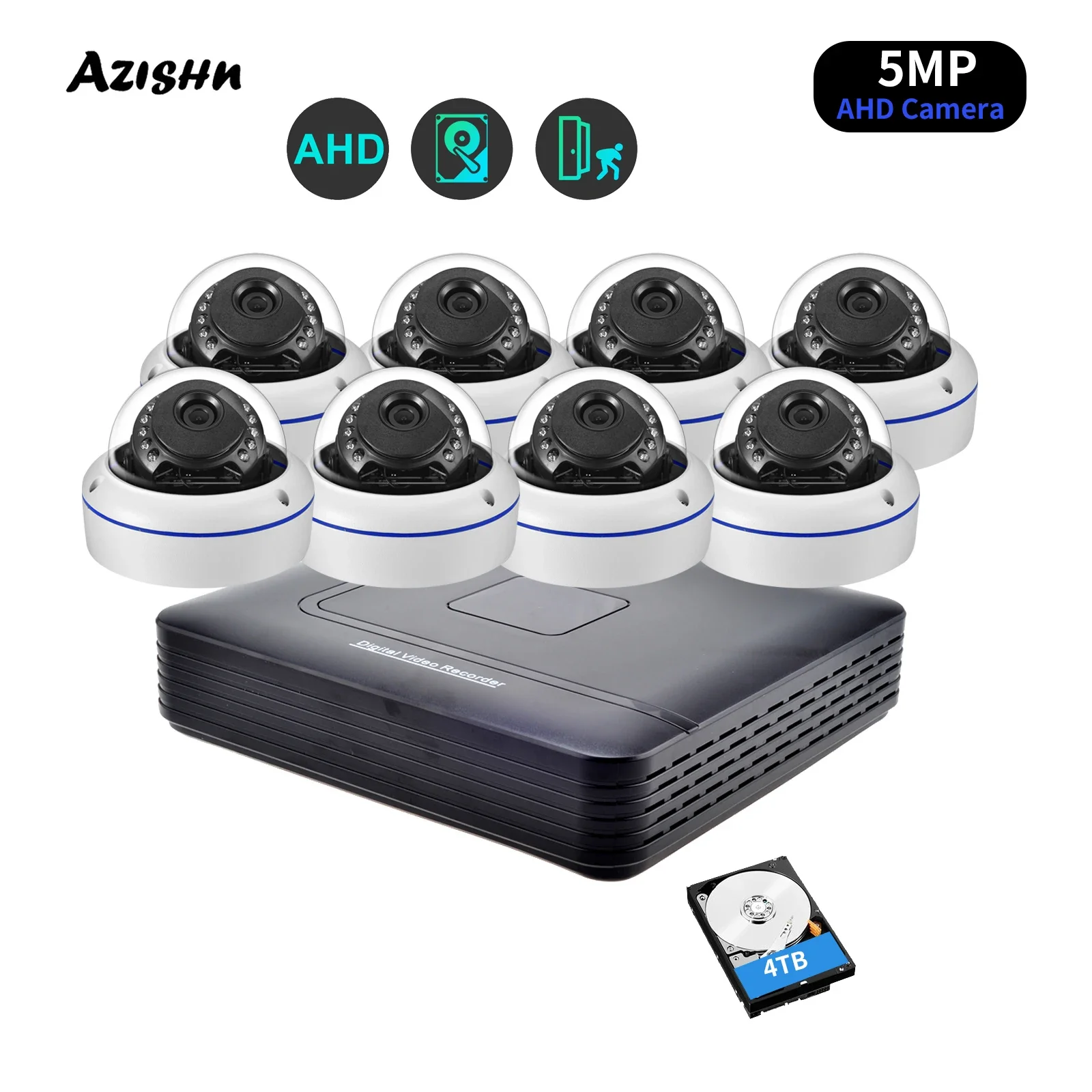 AZISHN 8CH AHD DVR CCTV Security Surveillance Cameras System 5 in 1 Mini AHD DVR Kit 5MP Dome Metal AHD Camer Set Indoor&Outdoor