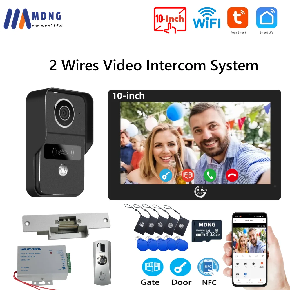10 Inch Tuya Smart Wifi Video Intercom Doorbell with Electric Strike Lock 1080P 2 Wires Video Doorphone System Wireless for Home
