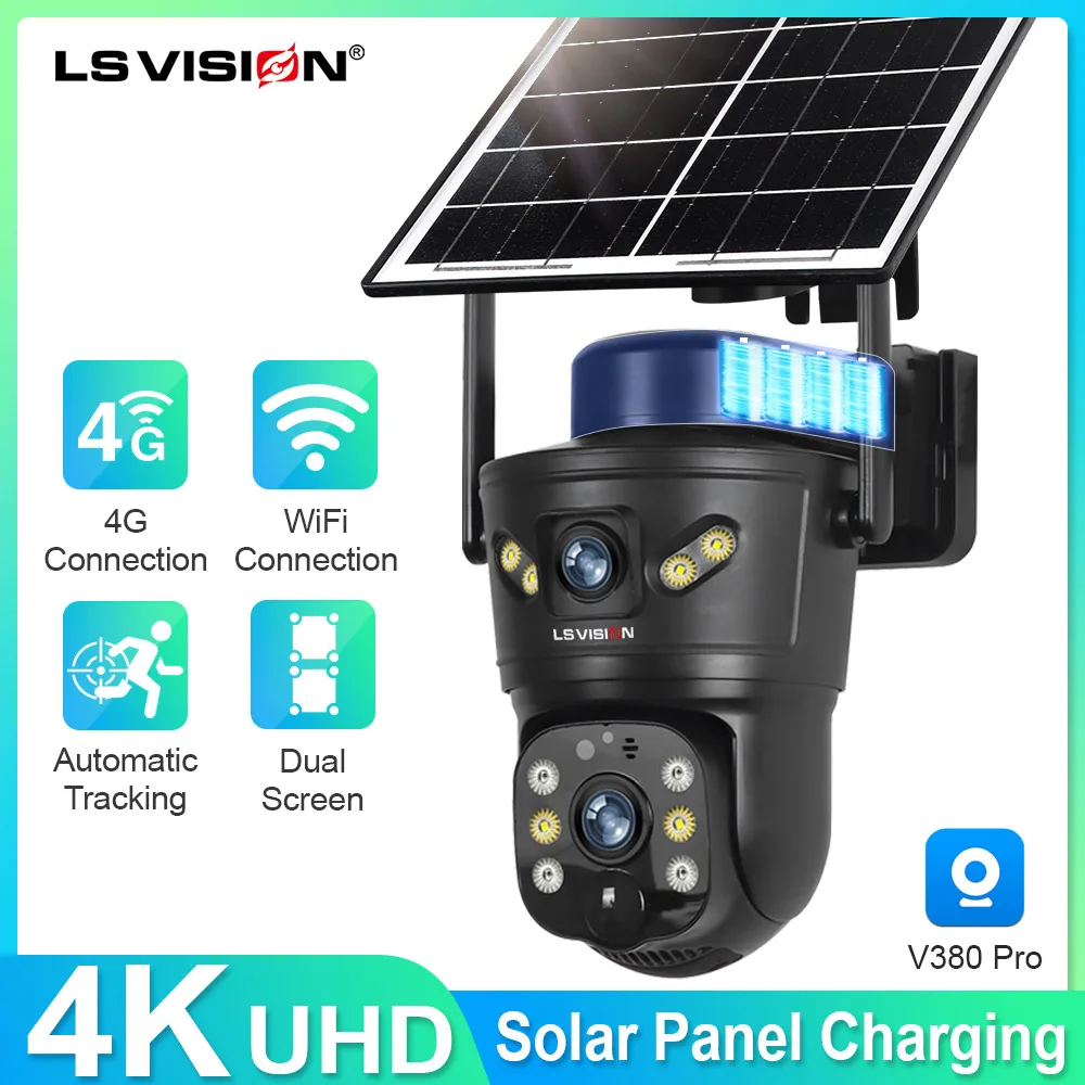 LS VISION 4G /WIFI Outdoor Solar Camera 8MP Dual Lens PIR Sim Card Built in Night Vision Waterproof Security Camera Battery CCTV