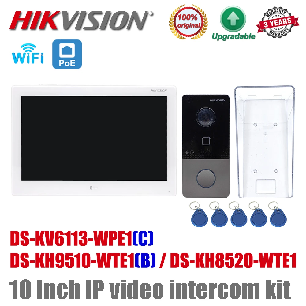 Original Hikvision DS-KV6113-WPE1(C), DS-KH9510-WTE1(B), DS-KH8520-WTE1 Wireless WIFI 10 Inch Video Intercom Kit
