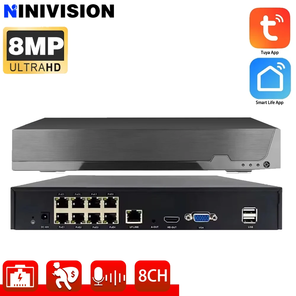 H.265 8CH 4K 8MP POE NVR Video Recorder Tuya Smart Life IP Camera CCTV System Network P2P Video Record Surveillance POE Camera