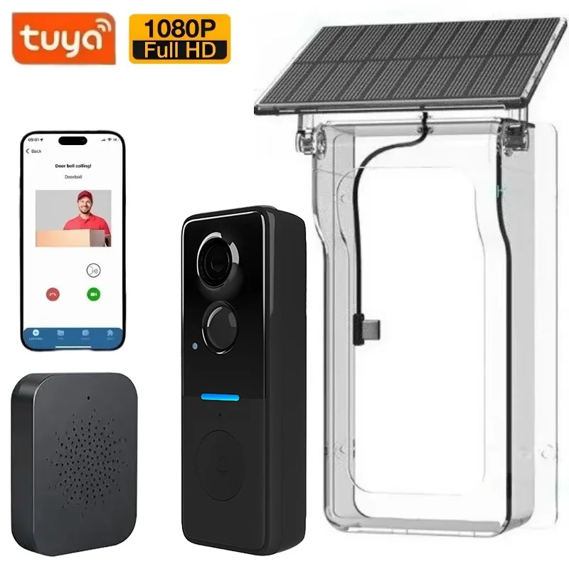 Tuya Outdoor Wireless Doorbell Solar Cover 1080P Video Intercom 2-way Audio Motion Detection Peephole Door Camera Wifi Doorbell