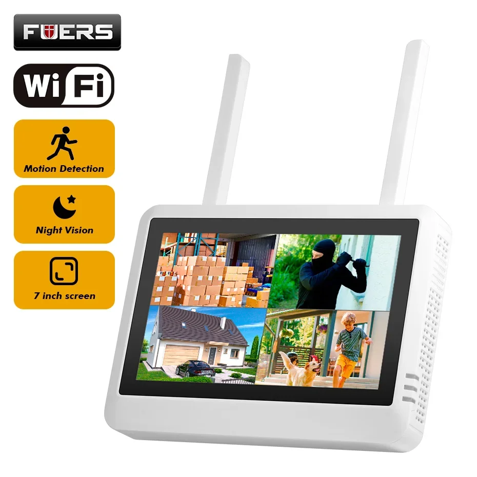 FUERS 8CH Wireless NVR Security System WIFI 7 inch Screen Kit H.265 Home Surveillance CCTV Audio Video Recorder