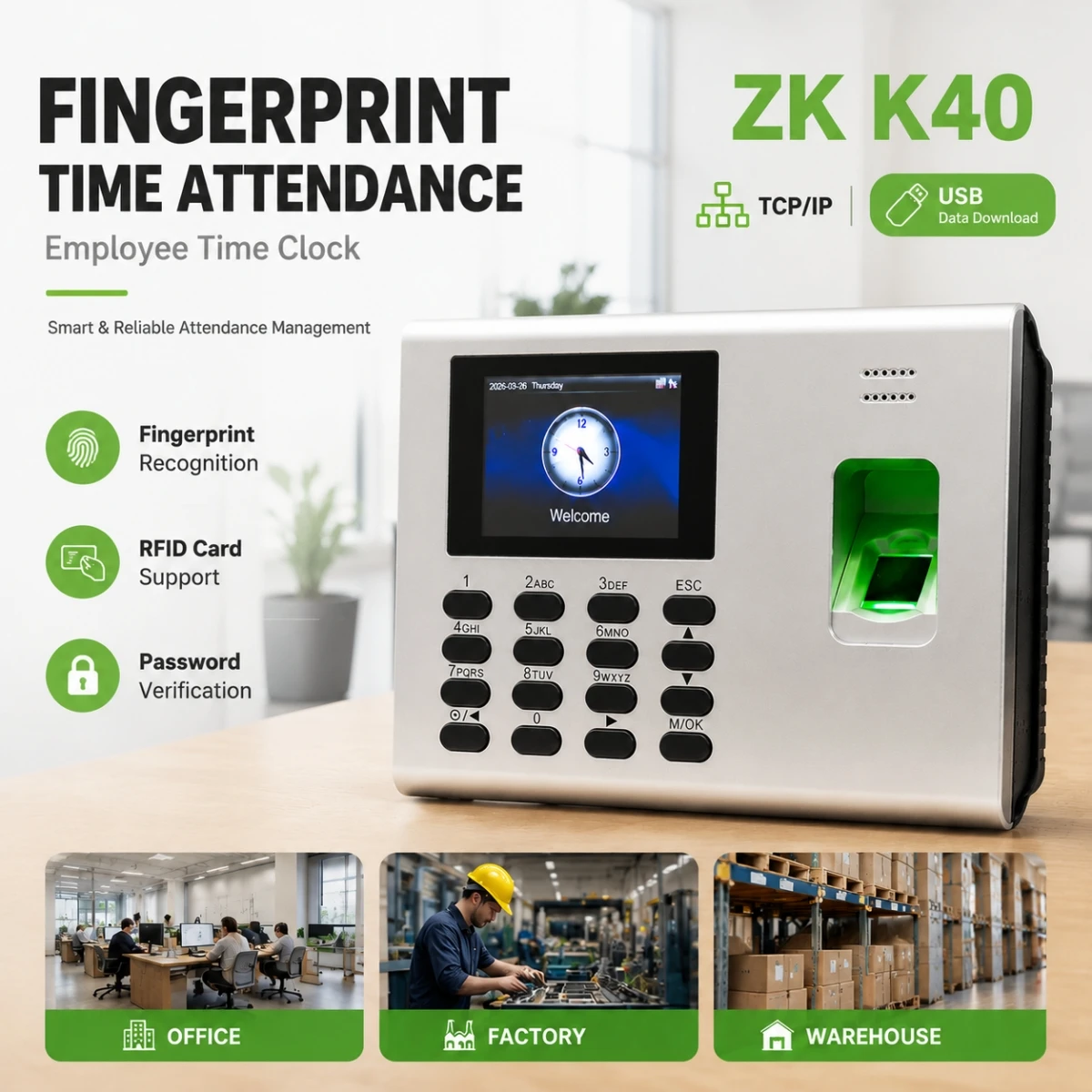 ZK K40 Fingerprint Time Attendance Machine Employee Biometric Time Clock RFID Card TCP/IP USB Data Download With Free Software