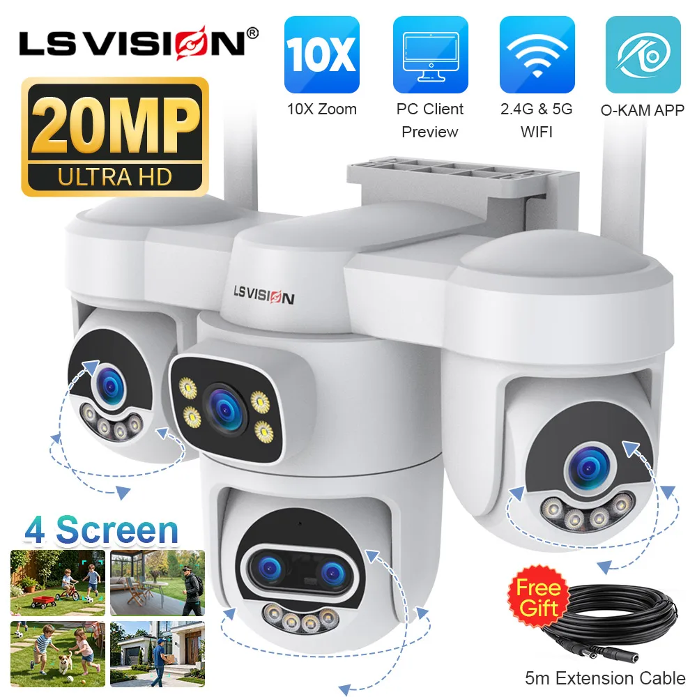 LS VISION 20MP Three PTZ Four Screens WiFi IP Camera Outdoor 10X Zoom 5-Lens Human Auto Tracking PC Client Surveillance Cameras