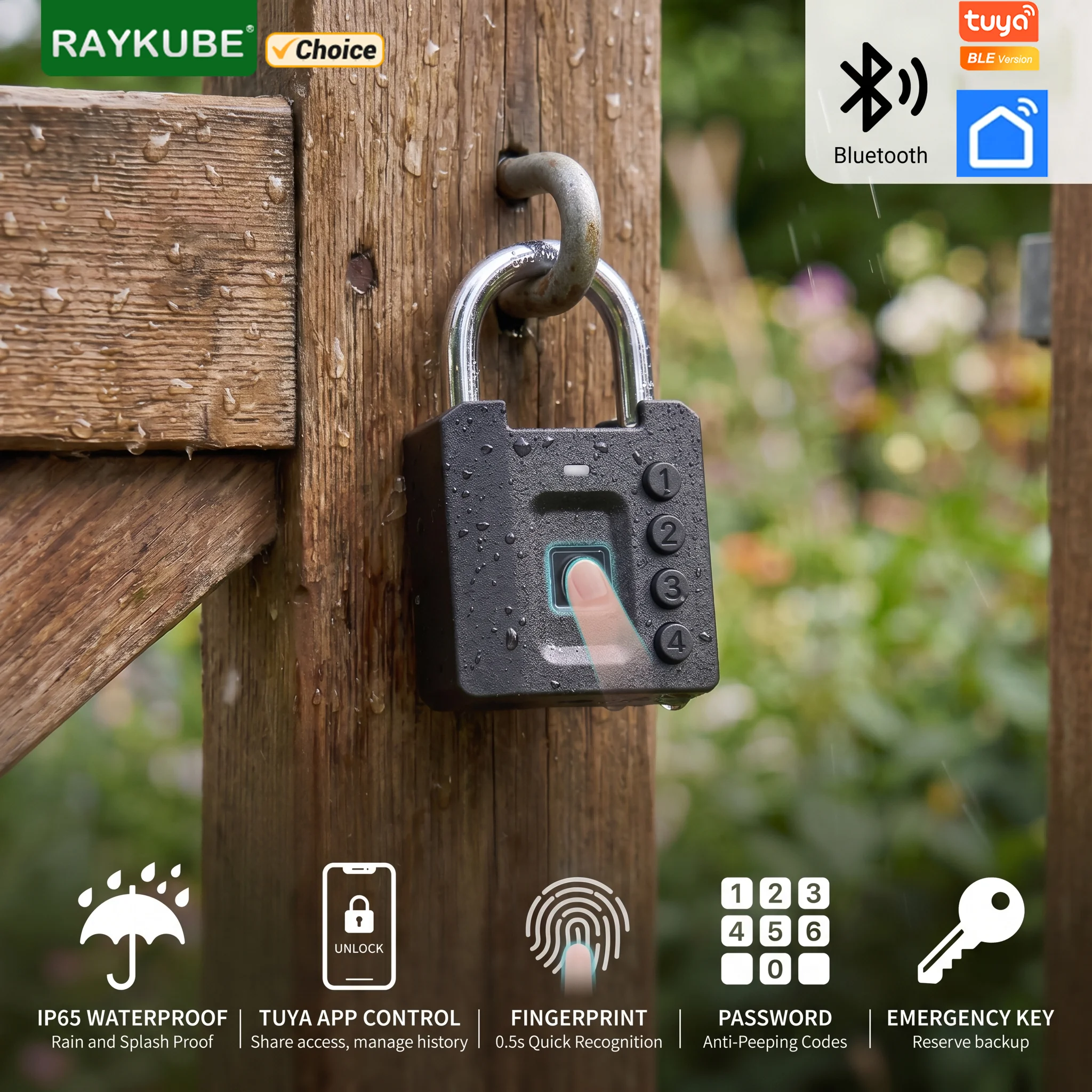 RAYKUBE 931 Tuya BLE Waterproof Smart Fingerprint Padlock Portable Digital Lock APP Password Mechanical Key Unlock