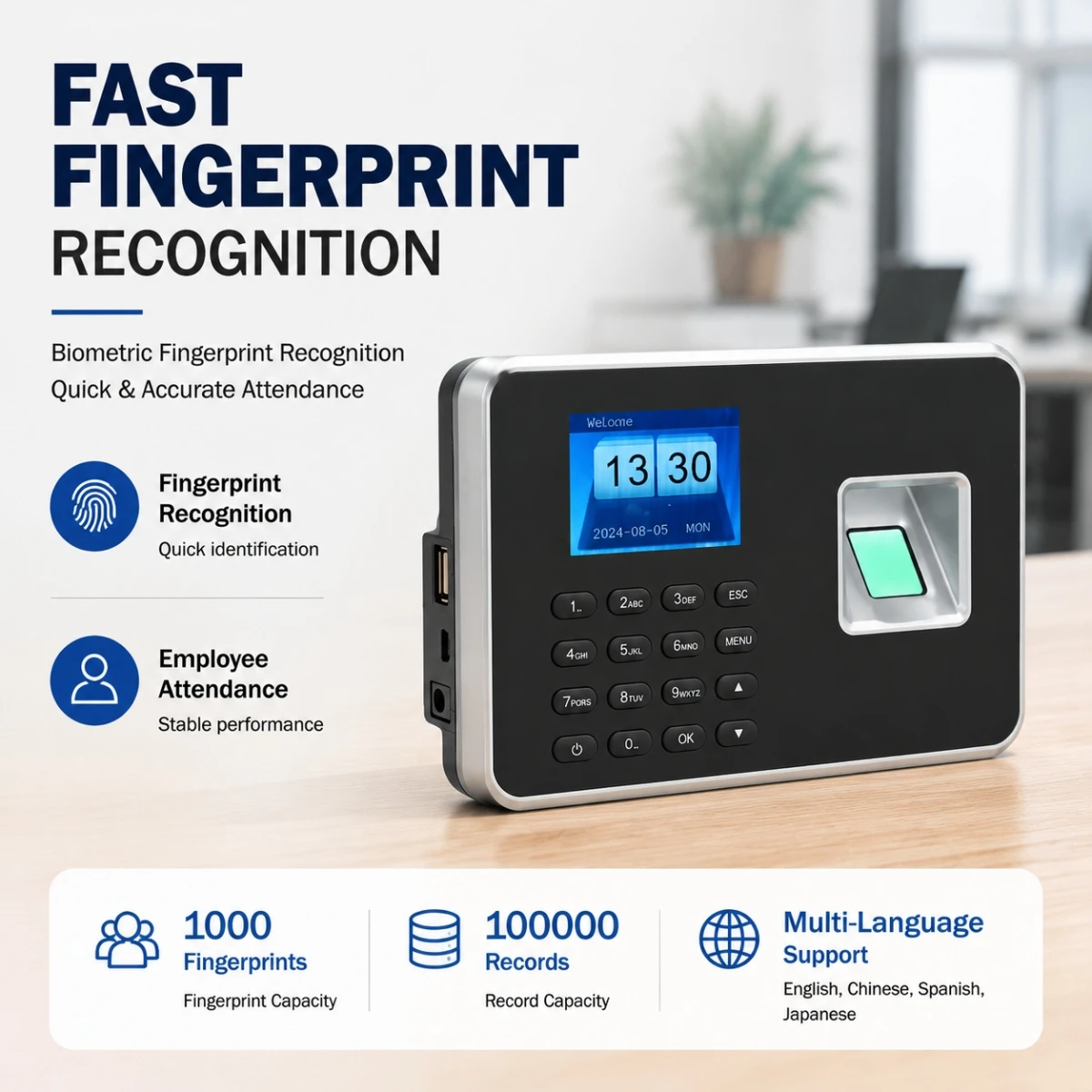 Biometric Fingerprint Time Attendance Machine 1000 Fingerprints USB Report Export Password Multi Language for Office Factory