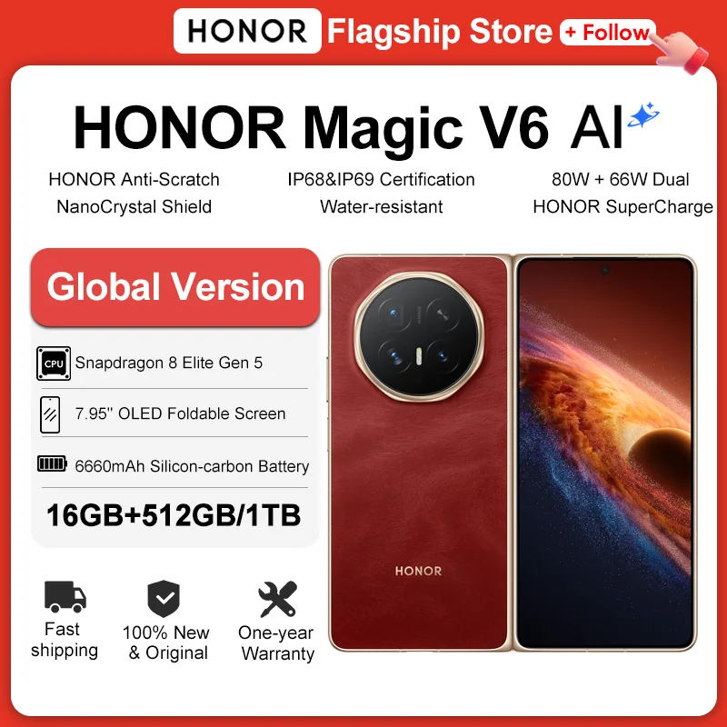 2026 New HONOR Magic V6 Global Version 5G Smartphone Snapdragon 8 Elite Gen 5 120Hz Foldable OLED Screen 6660mAh 80W SuperCharge