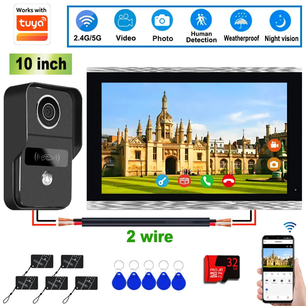 HD 1080P WiFi Video Door Bell Intercom System 2 Wire 10 inch Touch Screen 32G Home Apartment Video Doorphone Tuya Smart Life APP