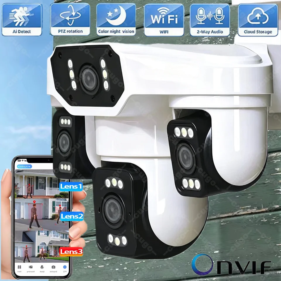 8K 15MP Home Security Outdoor WiFi Camera 4 Lens 3 Screen 360° 16X Zoom CCTV Wireless Surveillance PTZ Cam Security Protection
